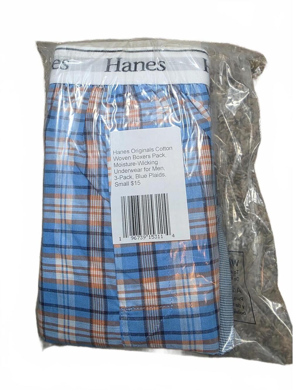 Hanes Originals Cotton Woven Boxers Pack, Men, 3-Pack, Blue Plaids, Small